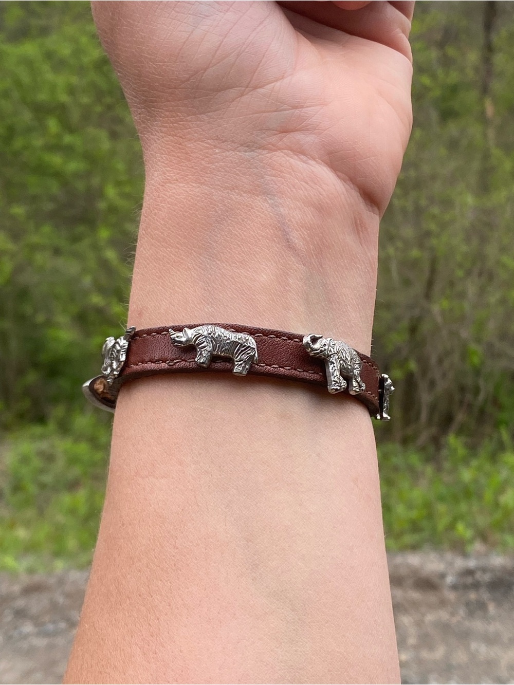 Brown Leather Belt Buckle Bracelet with Silver Animal Charms Rhino Zebra Bear - Picture 5 of 13
